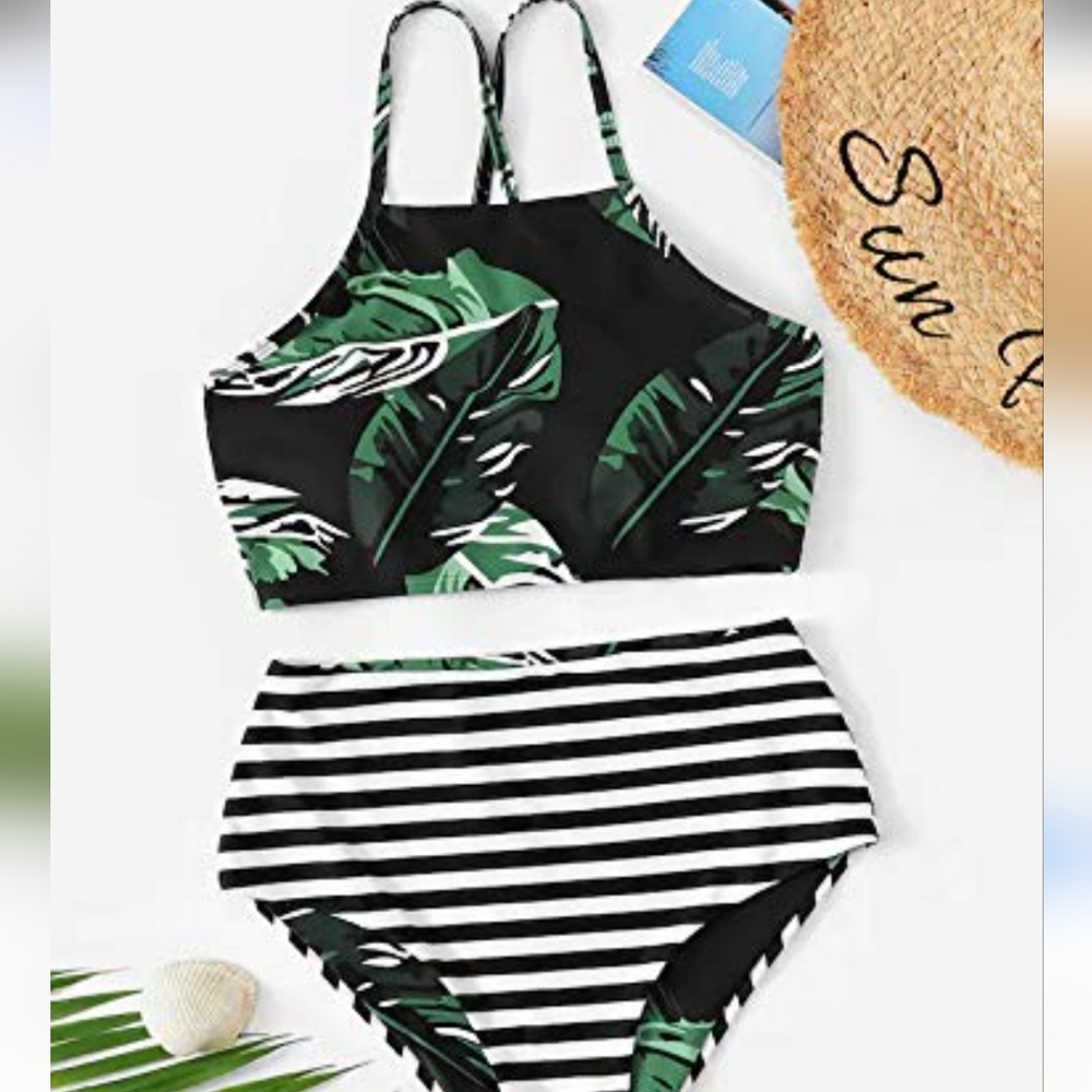 SHEIN Leaf Pattern Bikini Set - Green and Black